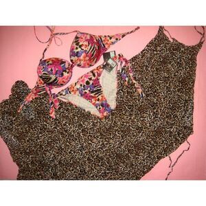 Victoria's Secret 36D BIKINI+M/L COVER UP/dress Floral Orchid Animal Print Zebra
